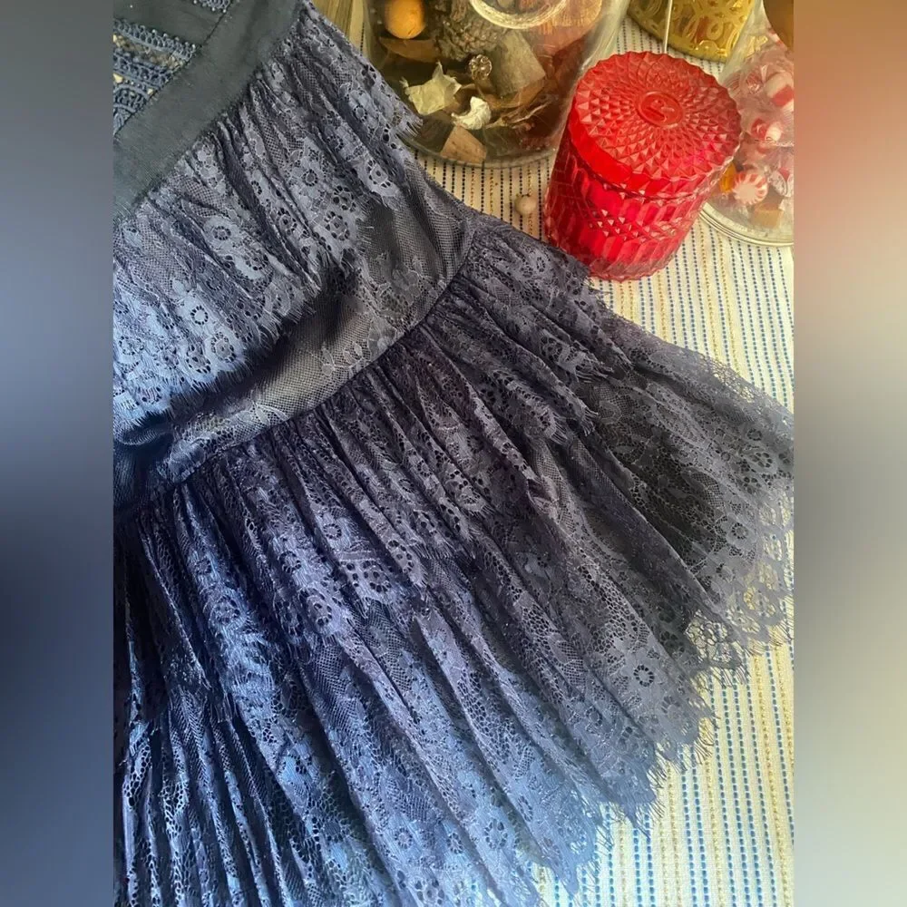 Self-Portrait Mini Dress Size 0 Navy Blue  Lace Ruffles Sleeve Lined - Picture 16 of 16